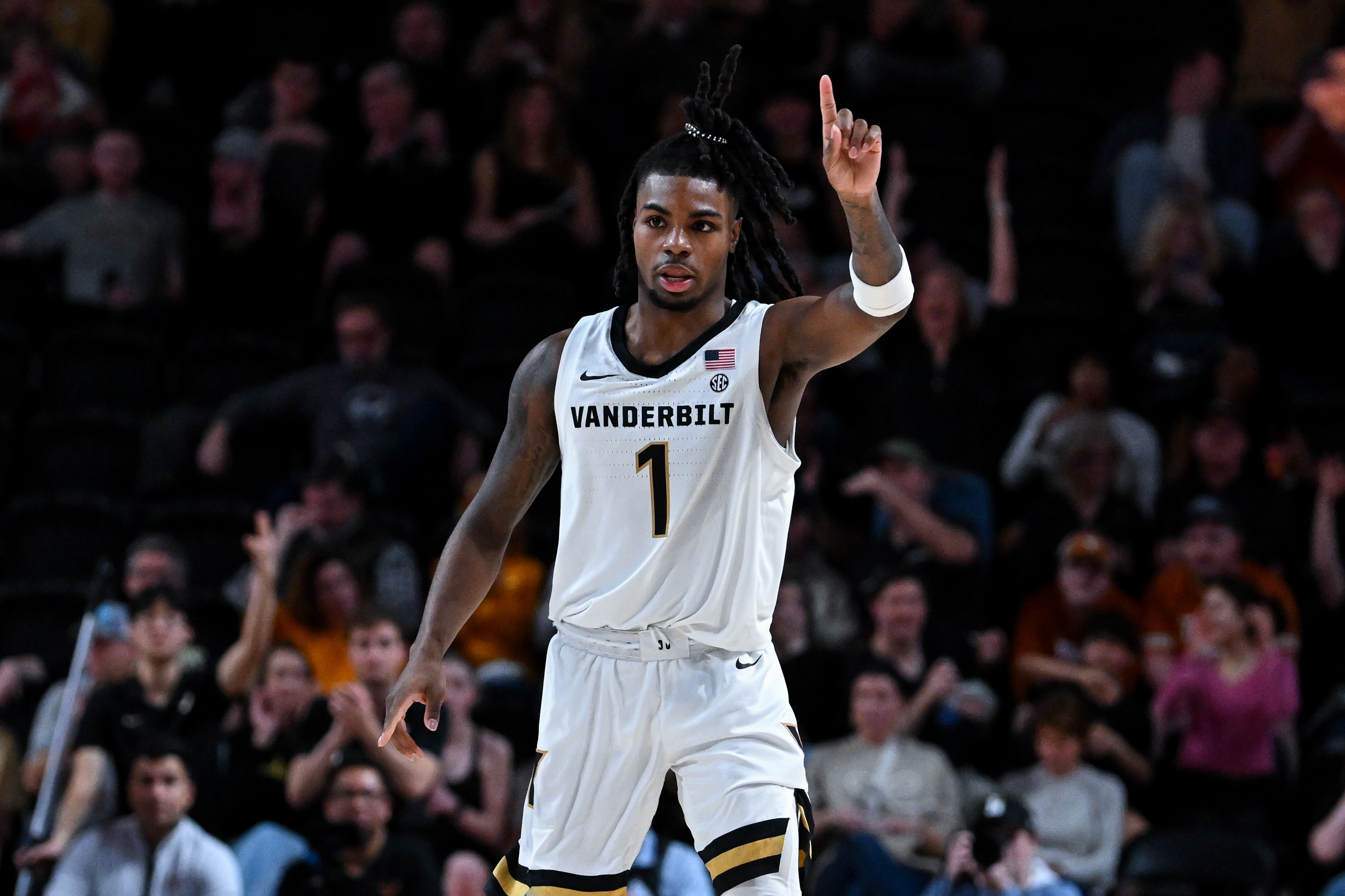 Jason Edwards of the Vanderbilt Commodores reacts in the first half against the Texas Longhorns at Vanderbilt University Memorial Gymnasium on February 8, 2025 in Nashville, Tennessee.