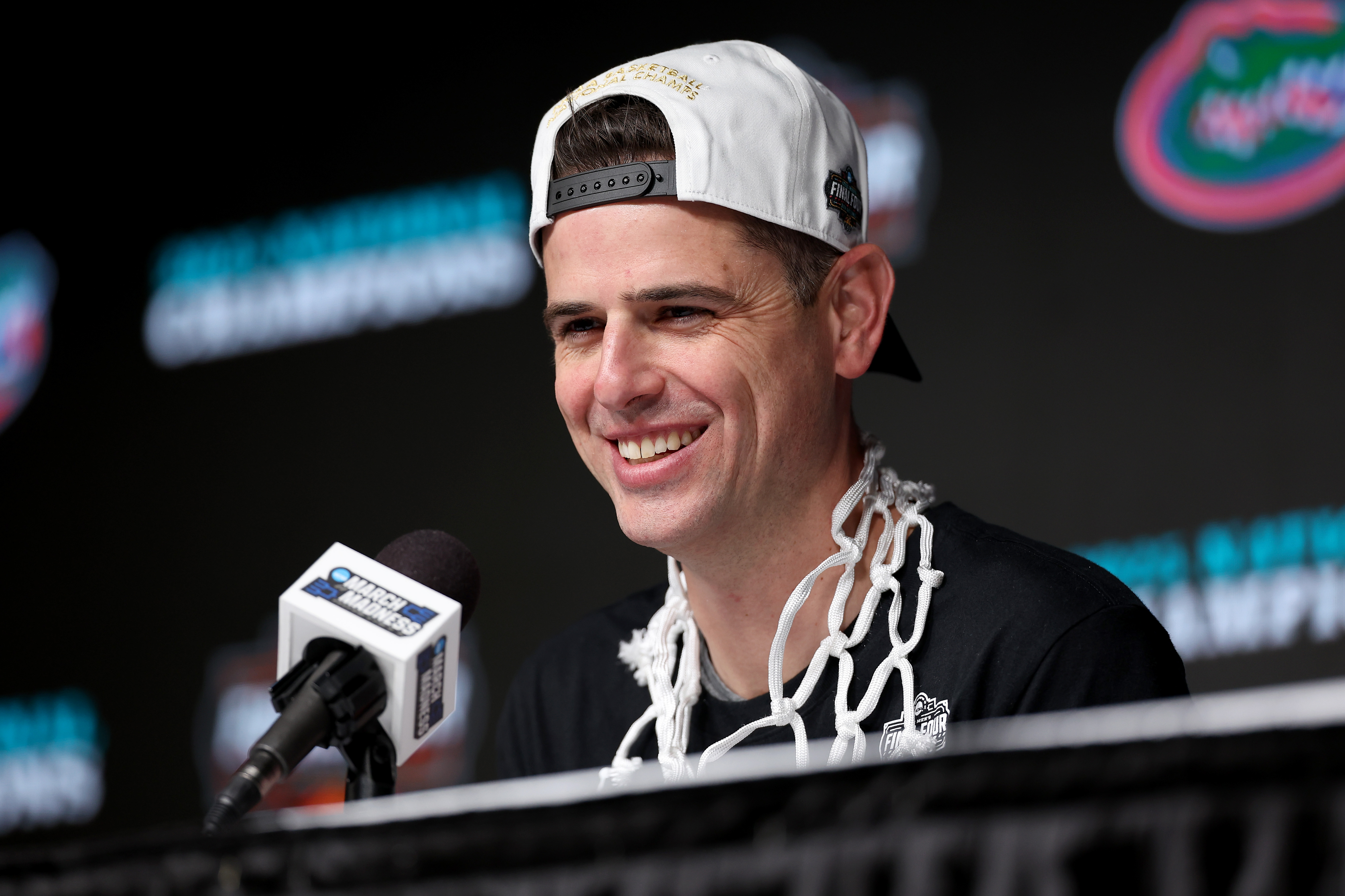 Head Coach Todd Golden of the Florida Gators speaks with the media after defeating the Houston Cougars in the National Championship of the NCAA Men's Basketball Tournament at the Alamodome on April 07, 2025 in San Antonio, Texas.