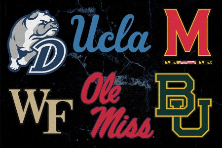 Logos for 6 universities: Drake, UCLA, Maryland, Wake Forest, Ole Miss and Baylor.
